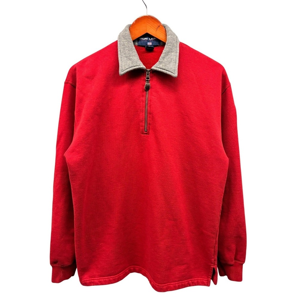 Ralph Lauren 1/4 Zip Pullover Sweatshirt Mens M Red Contrast Collar Vintage 90s